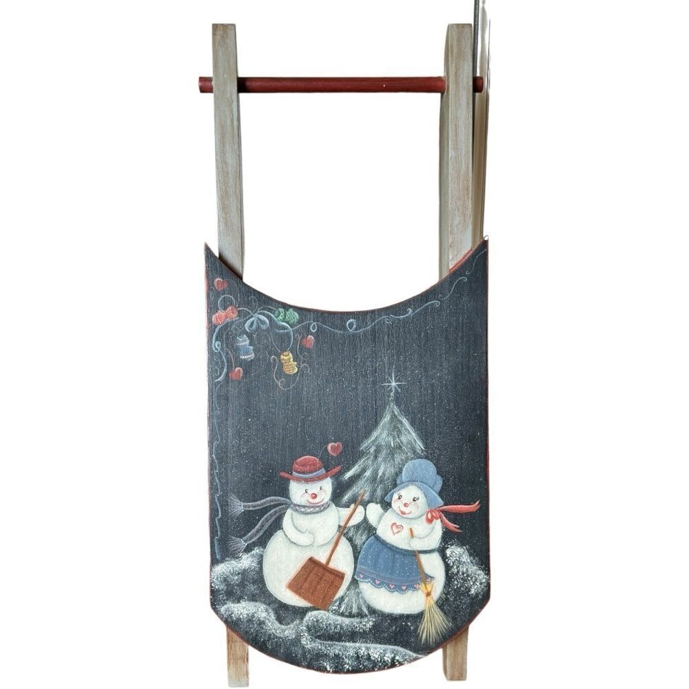 Wooden Decorative Christmas Holiday Festive Cute Snowman Leaning Sled.